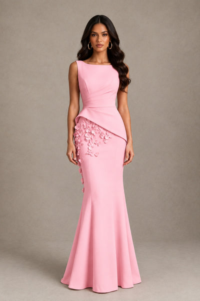 BOLODOO Pink Bateau Neck Sleeveless Asymmetric Peplum 3D Petal Appliqué Mermaid Gown BD0421 - Pink - Pink_1
