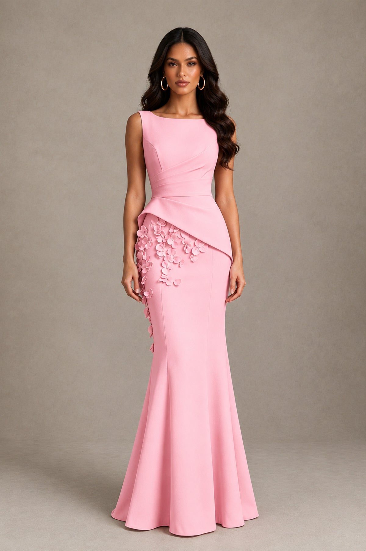 BOLODOO Pink Bateau Neck Sleeveless Asymmetric Peplum 3D Petal Appliqué Mermaid Gown BD0421 - Pink - Pink_1