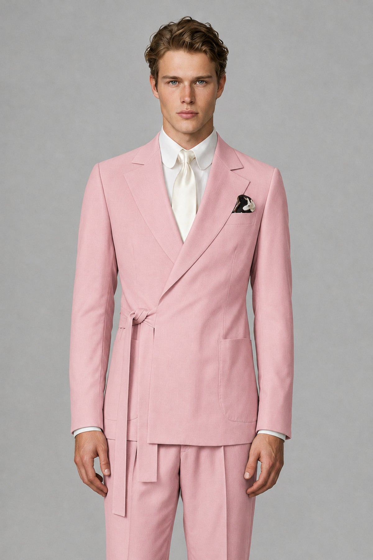 Bolodoo Men's Pink Wrap Tie-Waist Two-Piece Suit – Jacket & Trousers - Pink - Pink_1