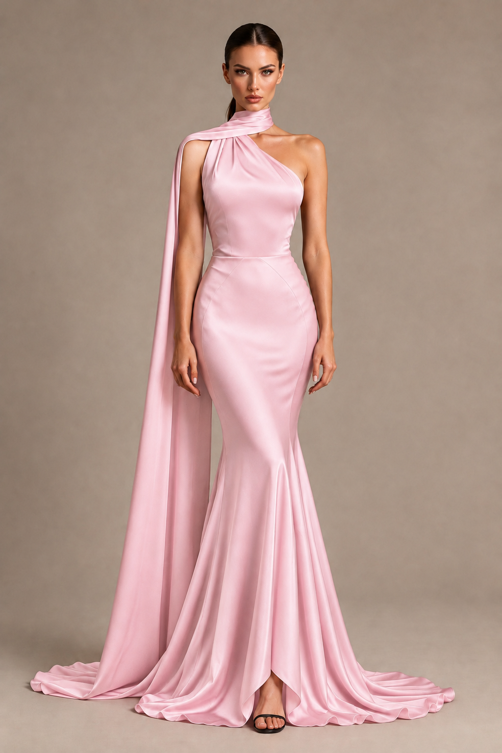BOLODOO Pink One-Shoulder Satin Mermaid Evening Dress with Scarf - Pink - Pink_1
