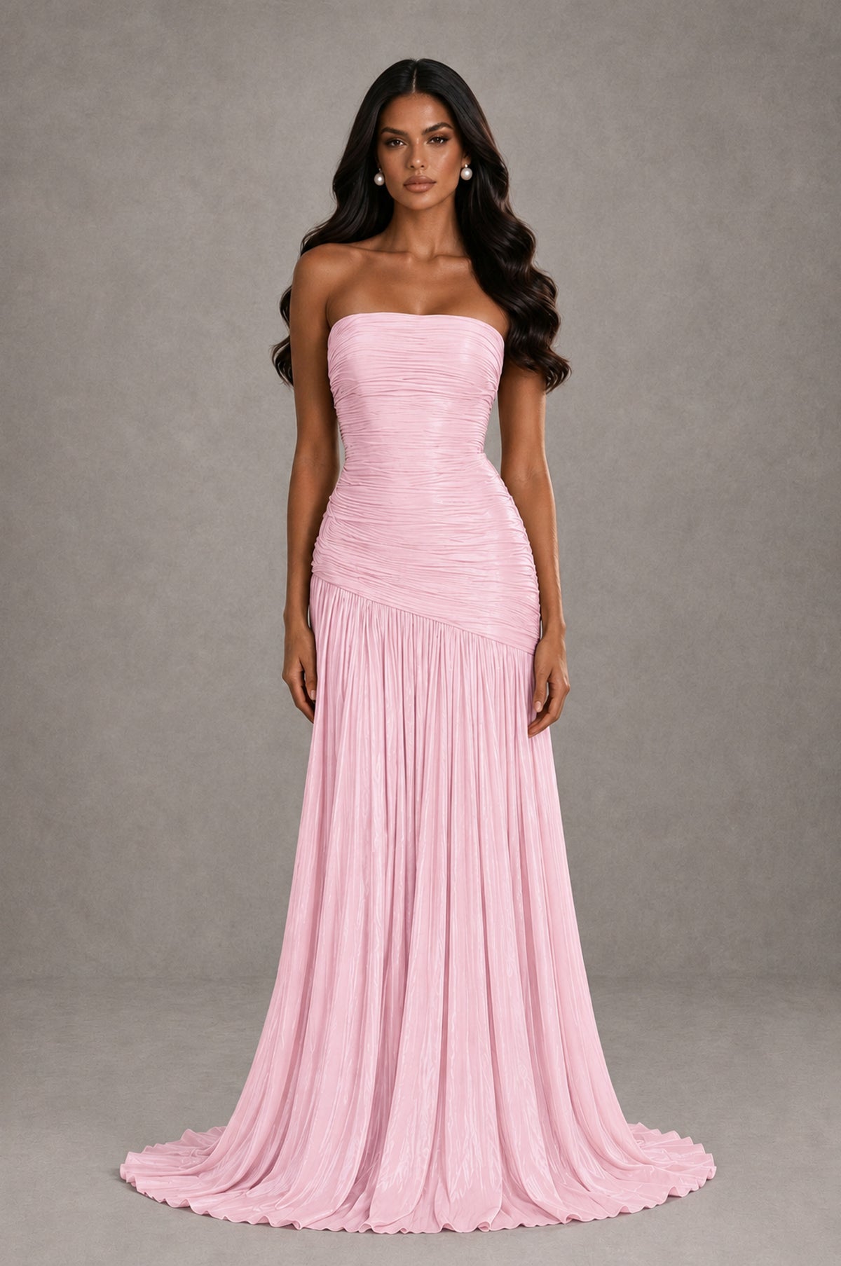 BOLODOO Pink Metallic Ruched Strapless Pleated A-Line Backless Maxi Dress with Train - Pink - Pink_1