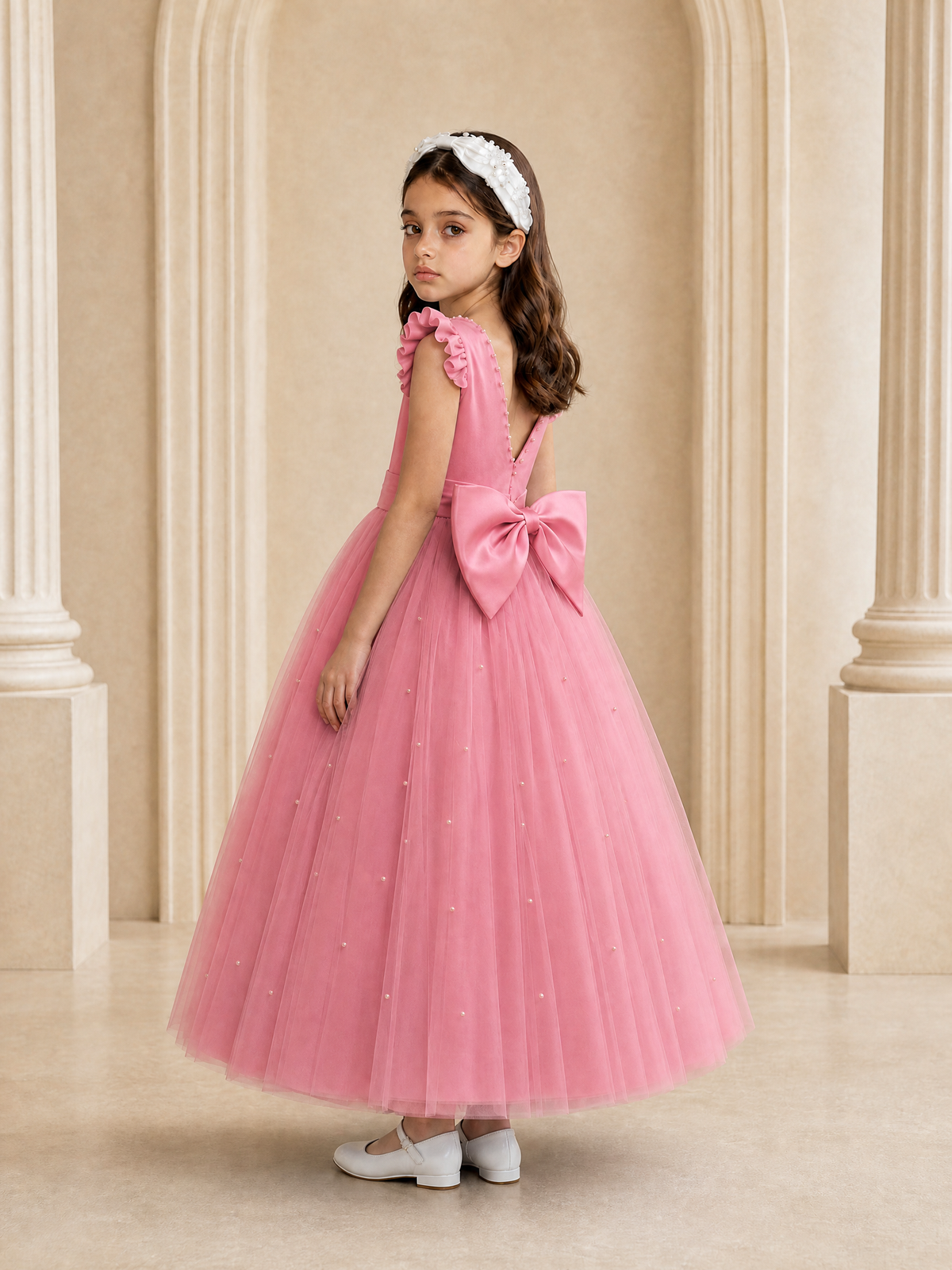 BOLODOO Pink Tulle Flower Girl Dress with Ruffle Sleeves & Bow Back - Pink - Pink_1