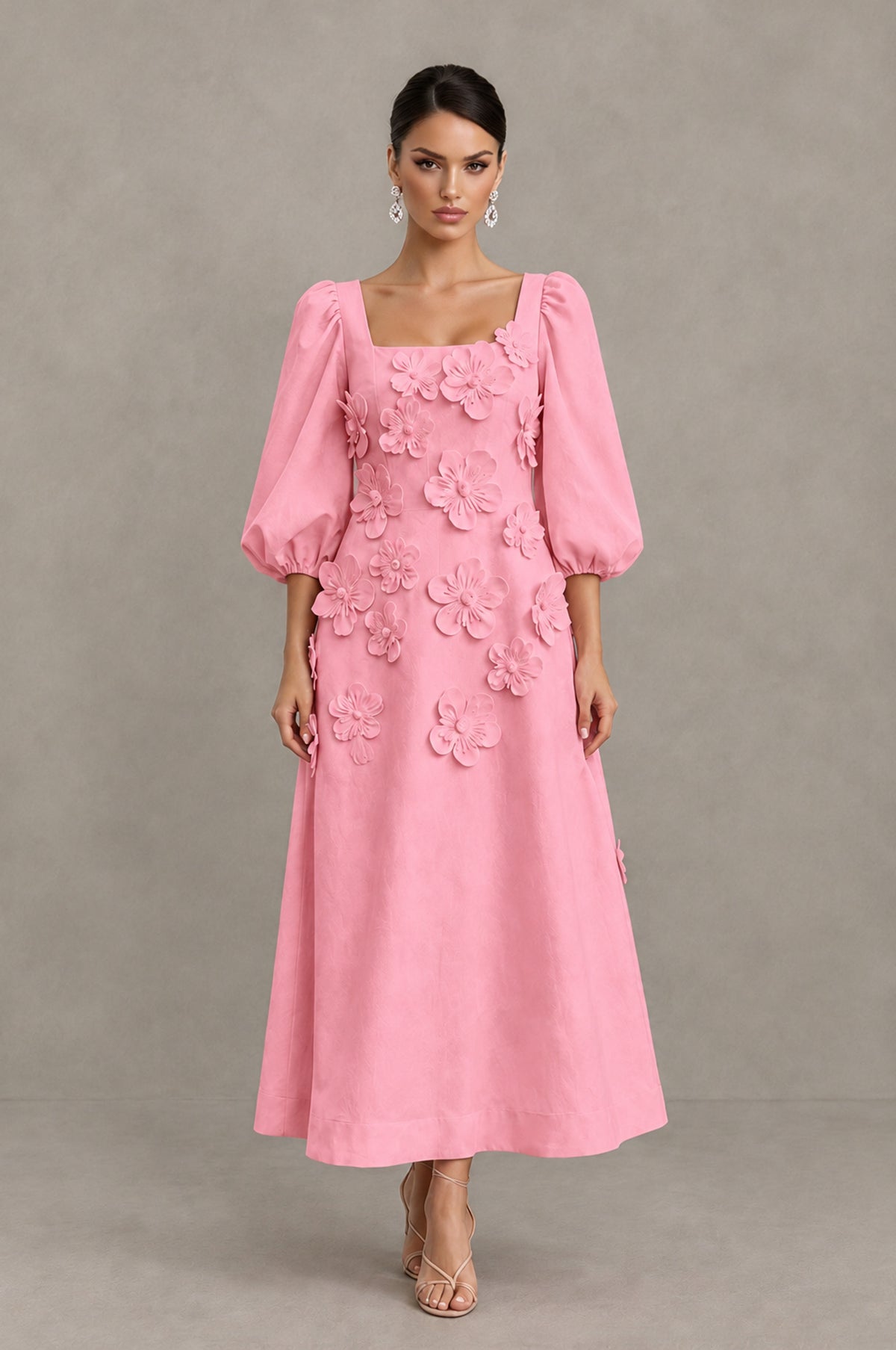 BOLODOO Pink 3D Floral Puff Sleeve Midi Cocktail Dress - Pink - Pink_1
