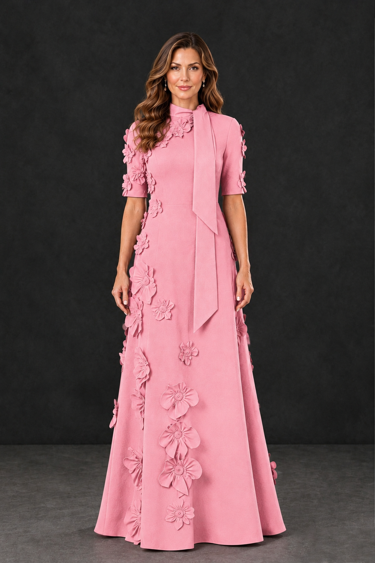 BOLODOO Pink Floral Applique High-Neck Half-Sleeve Gown - Pink - Pink_1