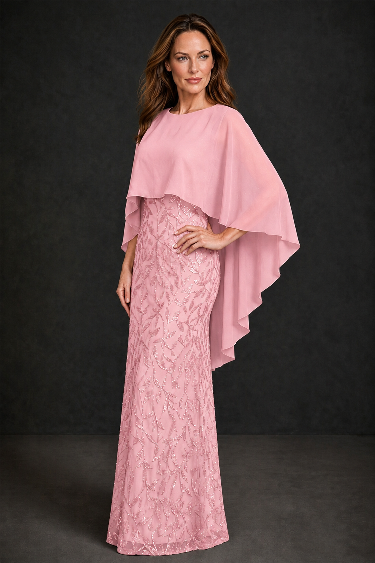 BOLODOO Pink Round Neck Chiffon Cape Overlay Sequin Lace Mermaid Maxi Dress - Pink - Pink_1