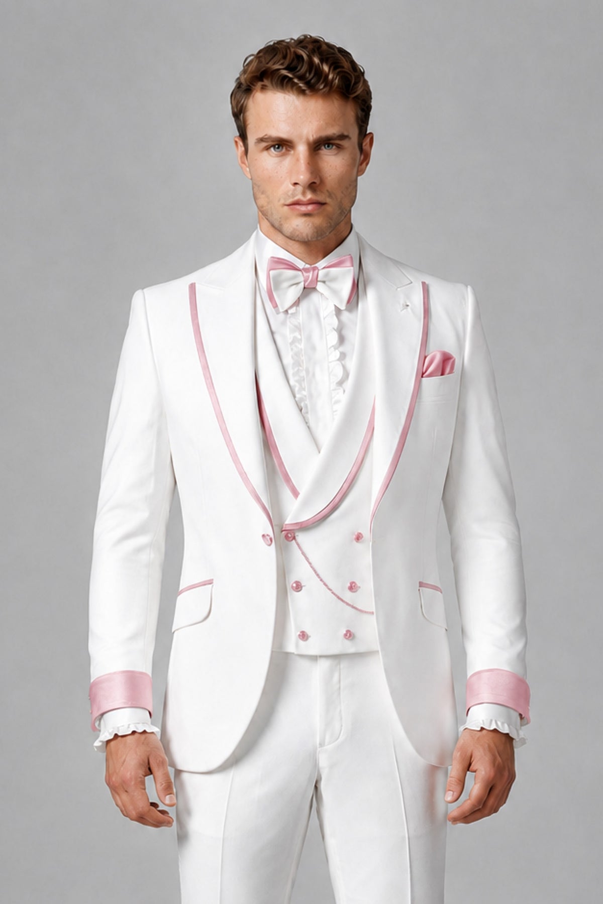 Bolodoo Men's White and Pink Three-Piece Wedding Tuxedo Suit - Pink - Pink_1