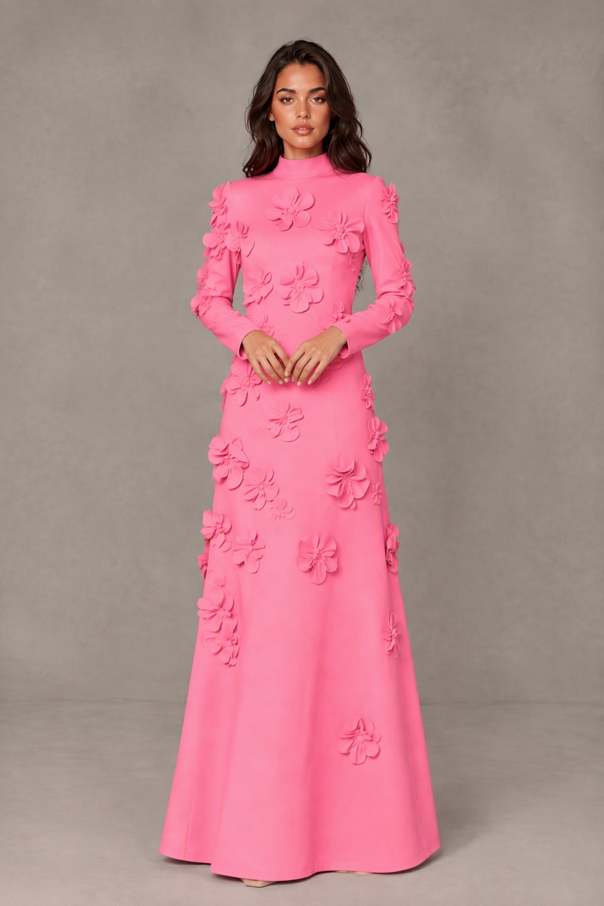 BOLODOO Pink High Neck Long Sleeve 3D Floral Evening Gown - Pink