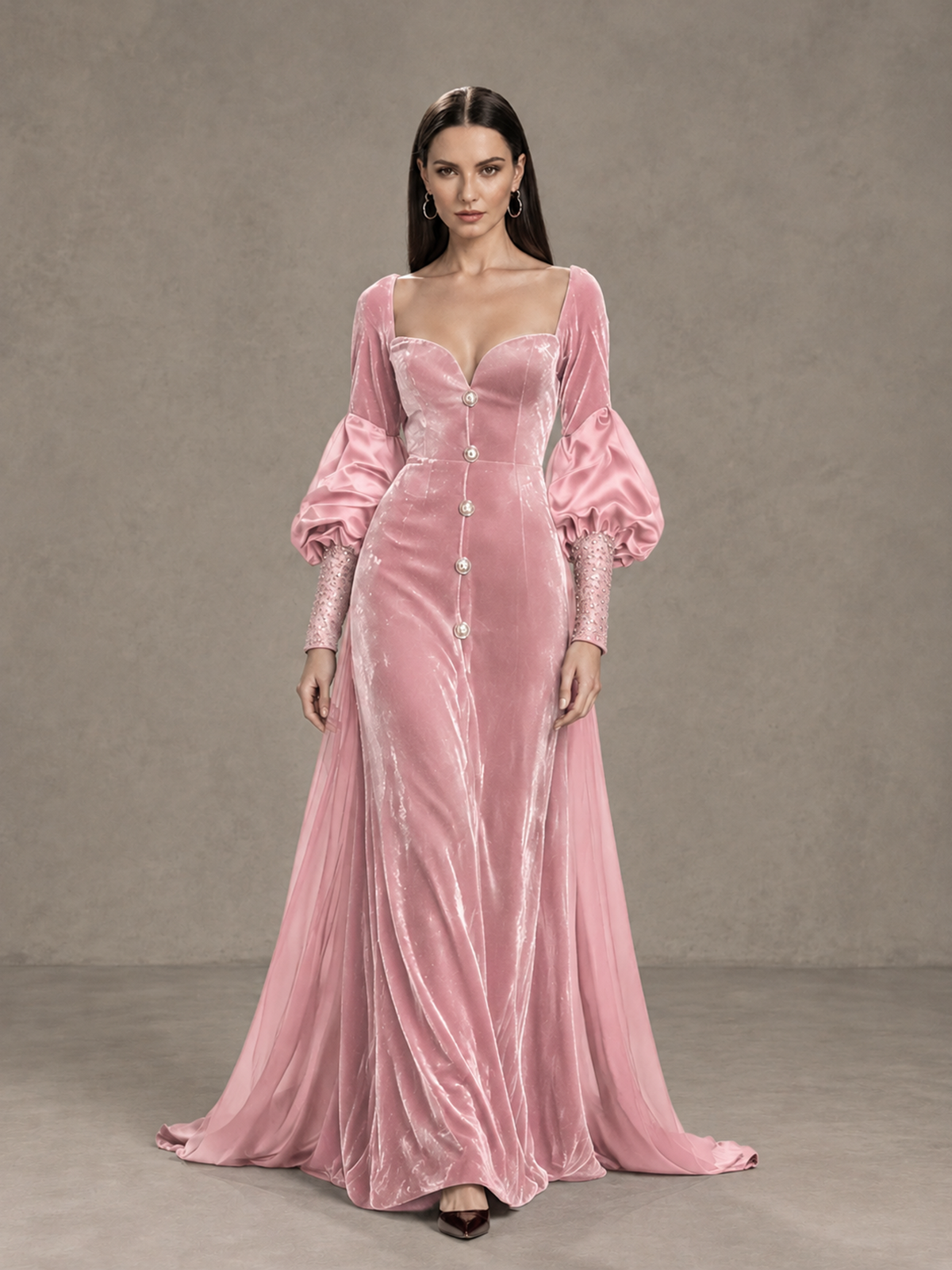 BOLODOO Pink Velvet Long Sleeve Open-Back Evening Gown - Pink - Pink_1