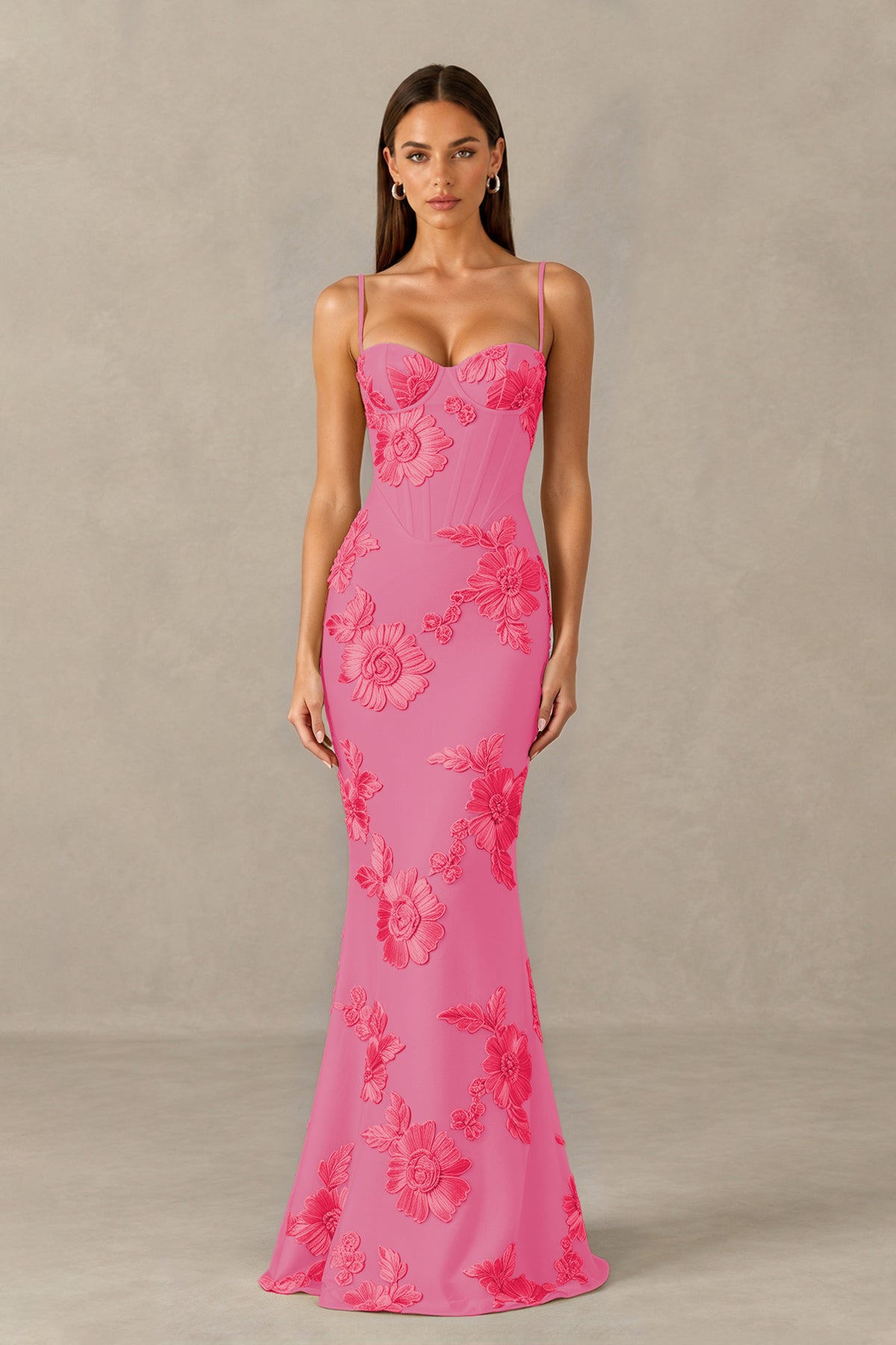 BOLODOO Pink Floral Lace-Up Back Mermaid Maxi Dress - Pink