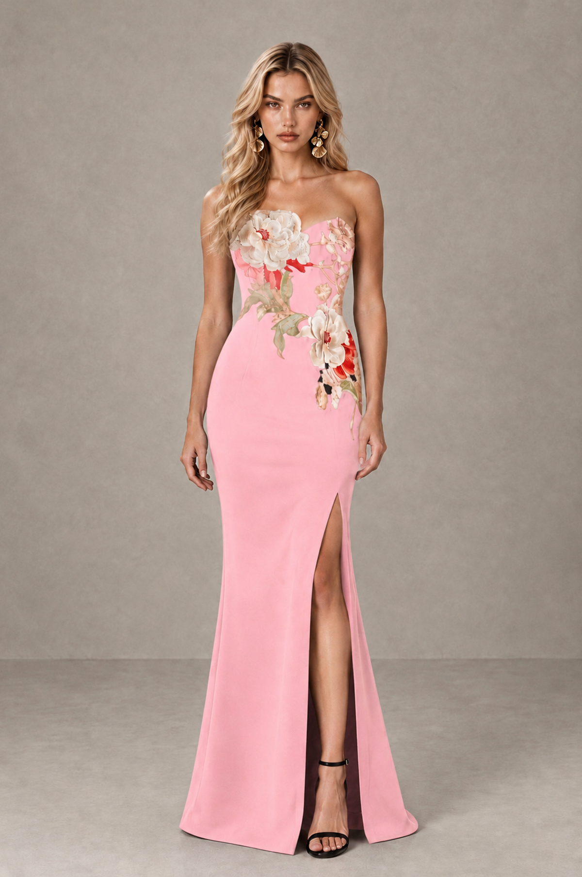 BOLODOO Pink Strapless Floral Mermaid Evening Dress with Slit - Pink - Pink_1