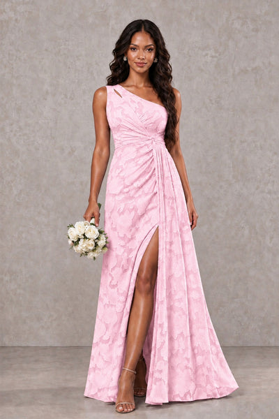 BOLODOO Pink One-Shoulder Floral Textured Maxi Dress with High Slit - Pink - Pink_1