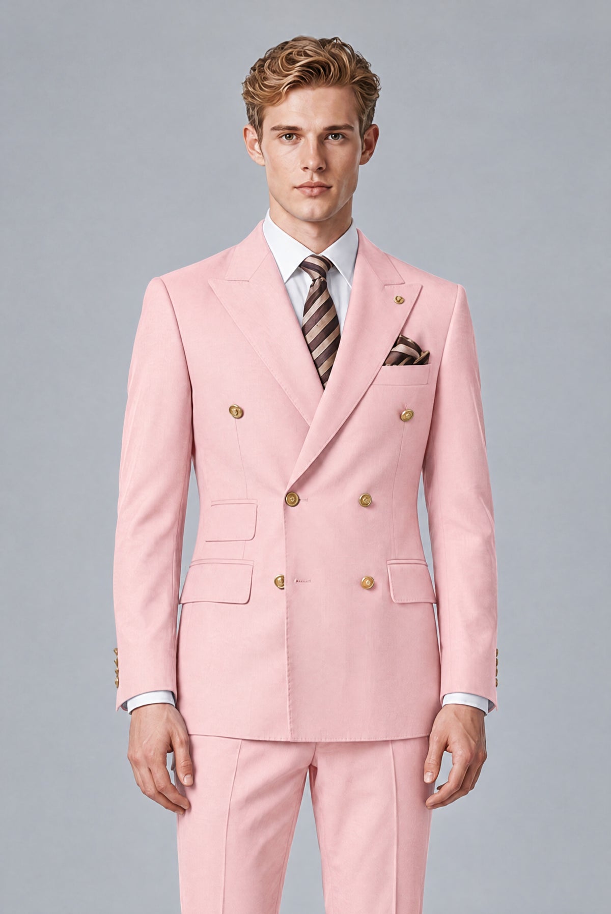 Bolodoo Men's Pink Double-Breasted 2-Piece Wedding Suit - Pink - Pink_1