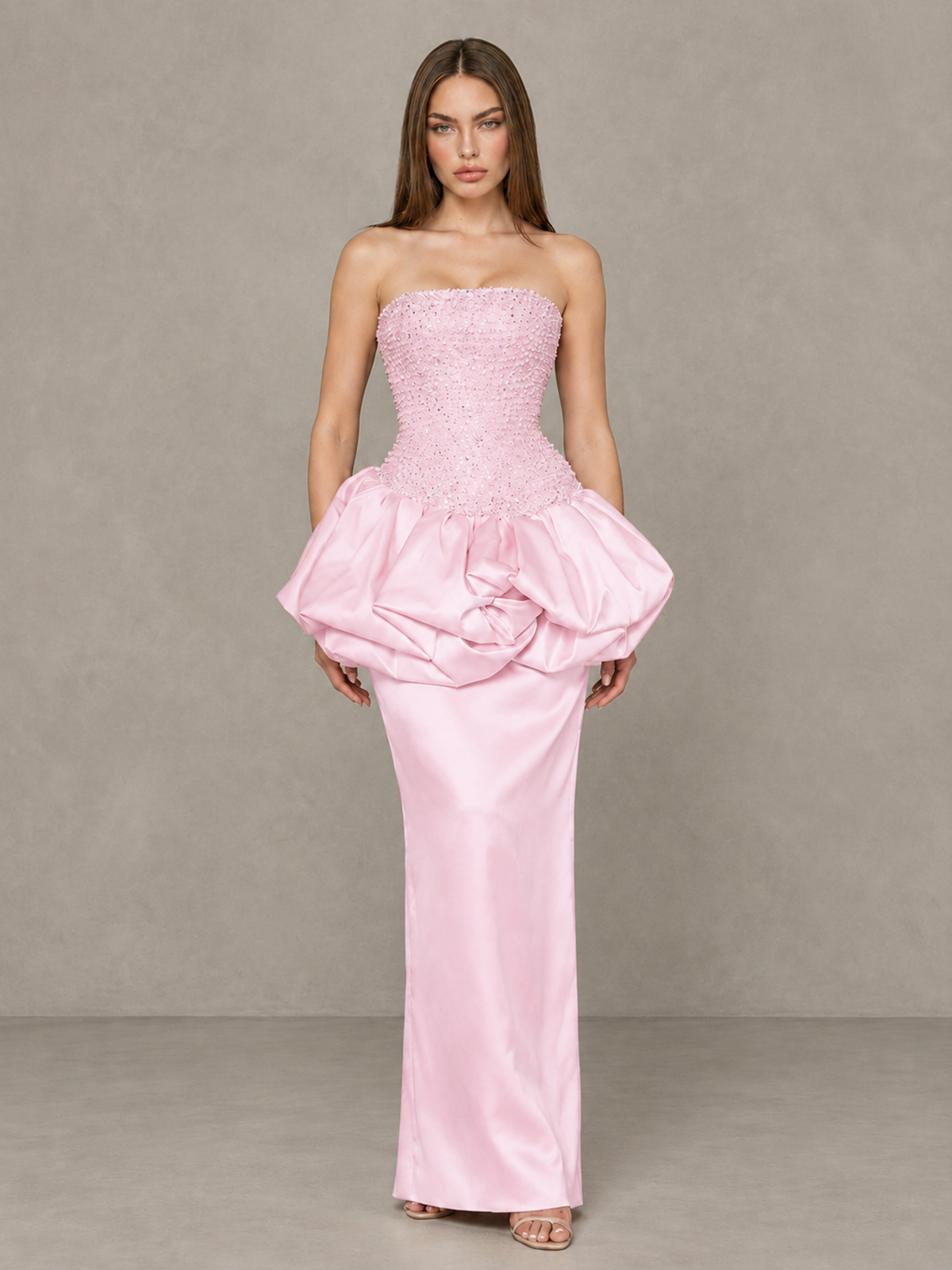 BOLODOO Pink Strapless Embellished Bubble Peplum Evening Dress - Pink - Pink_1