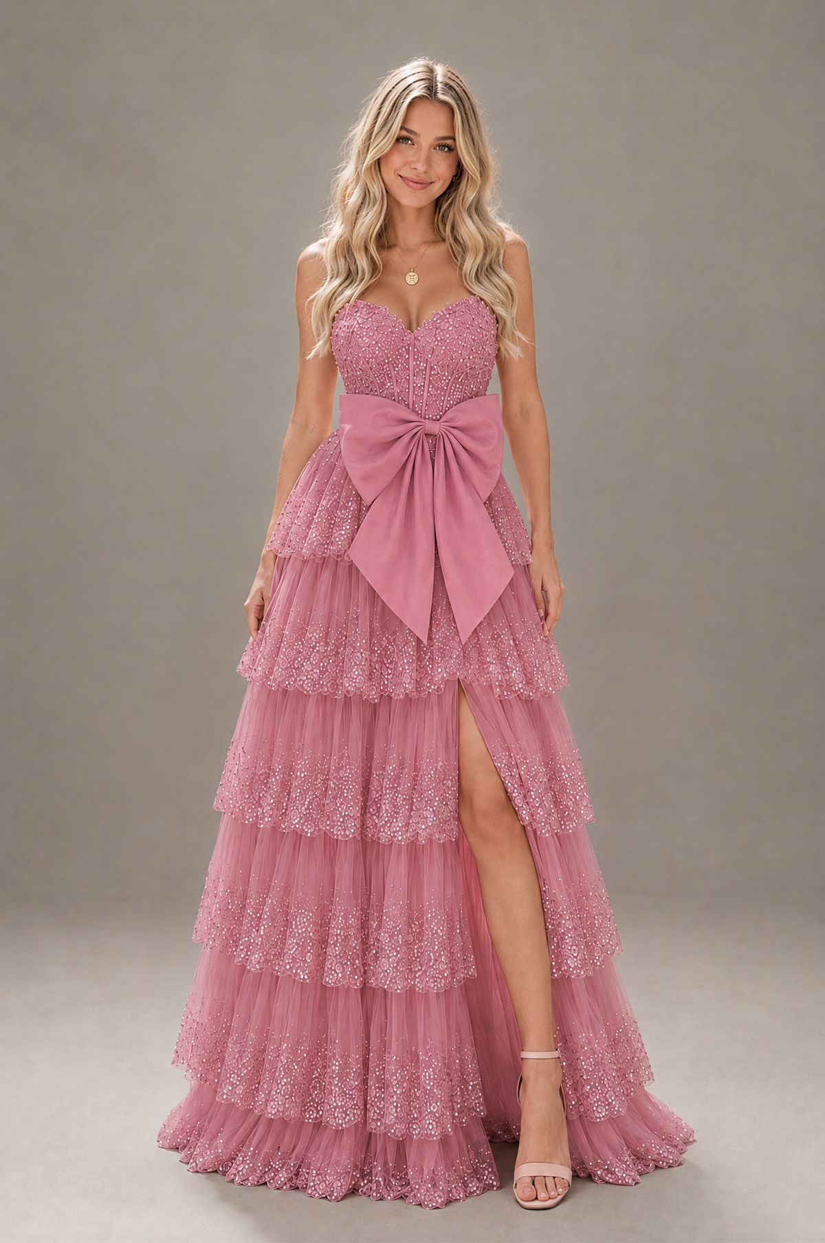 BOLODOO Pink Strapless Tiered Tulle Prom Dress with Bow - Pink - Pink_1