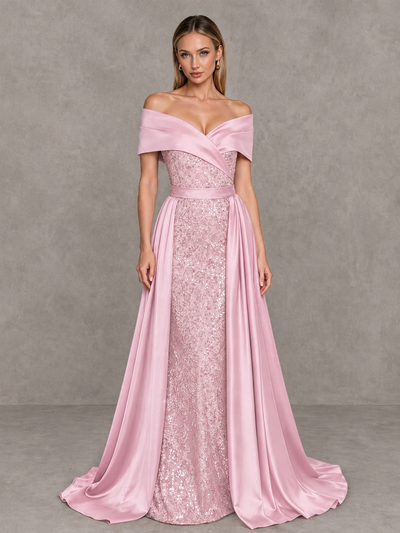 BOLODOO Pink Sequin Mermaid Evening Dress with Detachable Satin Overskirt and Sweep Train - Pink - Pink_1