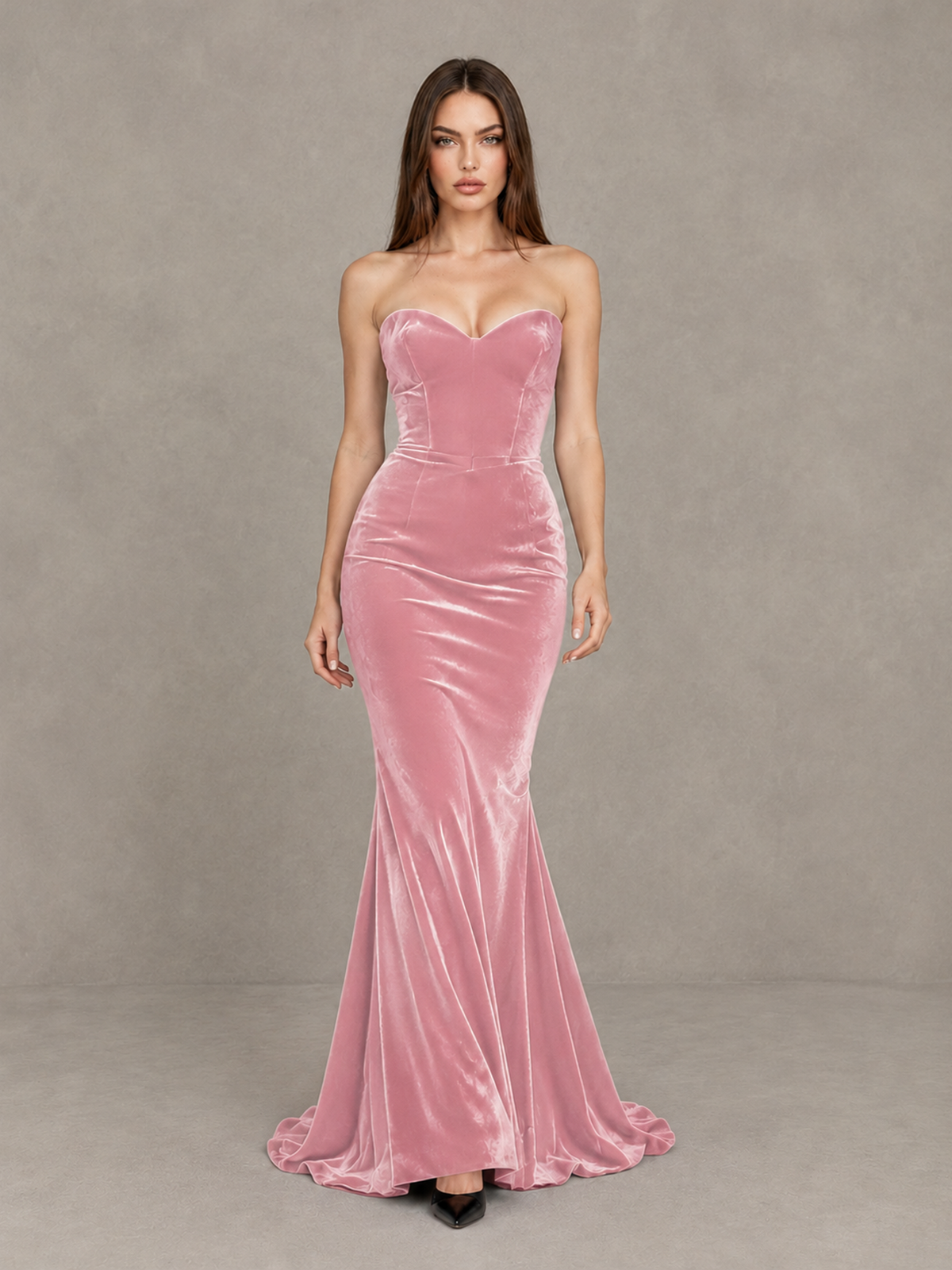 BOLODOO Pink Strapless Sweetheart Velvet-Look Mermaid Evening Dress - Pink - Pink_1