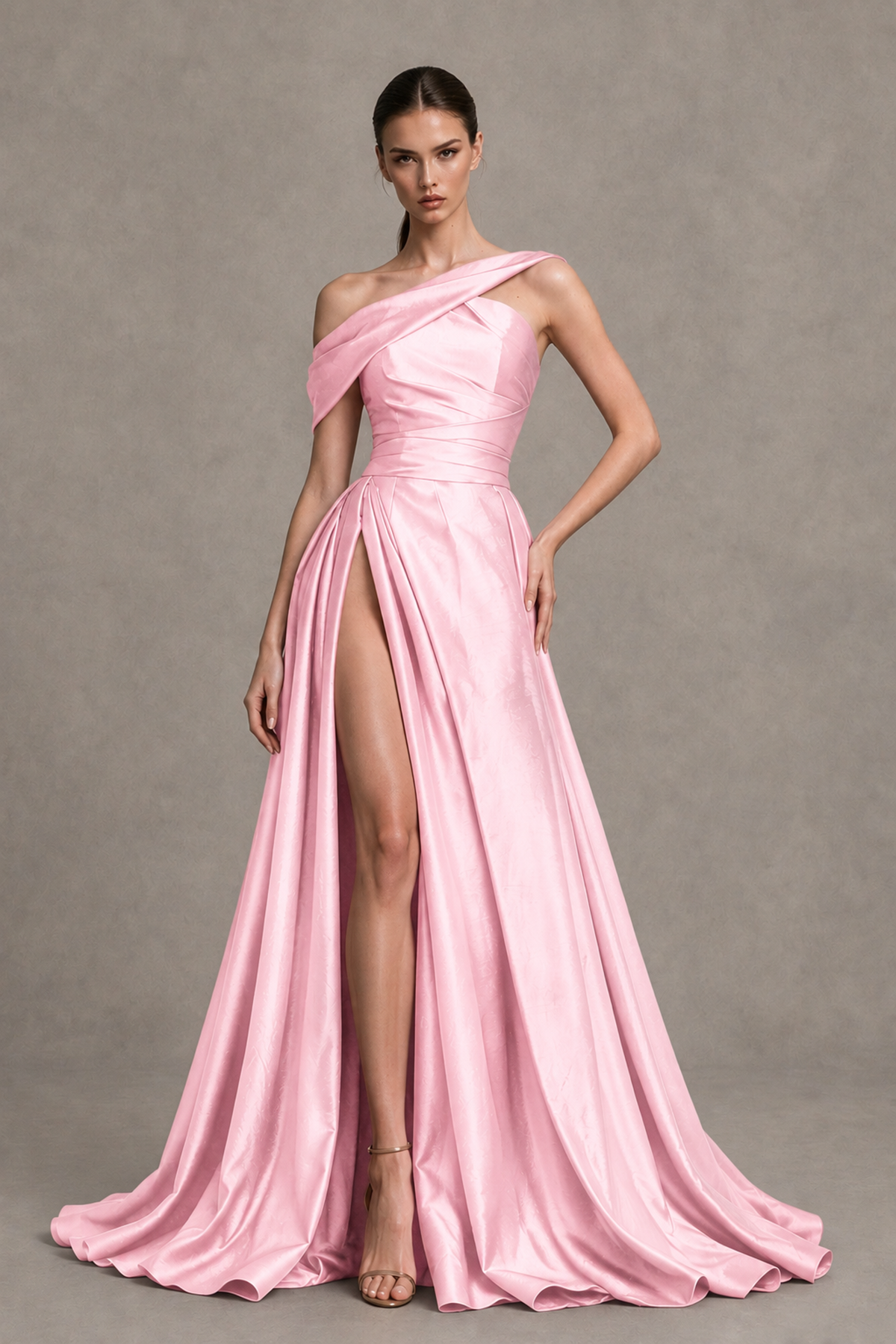 BOLODOO Pink Asymmetric Satin-Look A-Line Prom Dress with High Slit - Pink - Pink_1