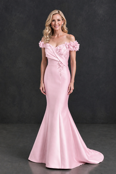BOLODOO Pink Off-Shoulder Floral Mermaid Mother of the Bride Dress - Pink - Pink_1