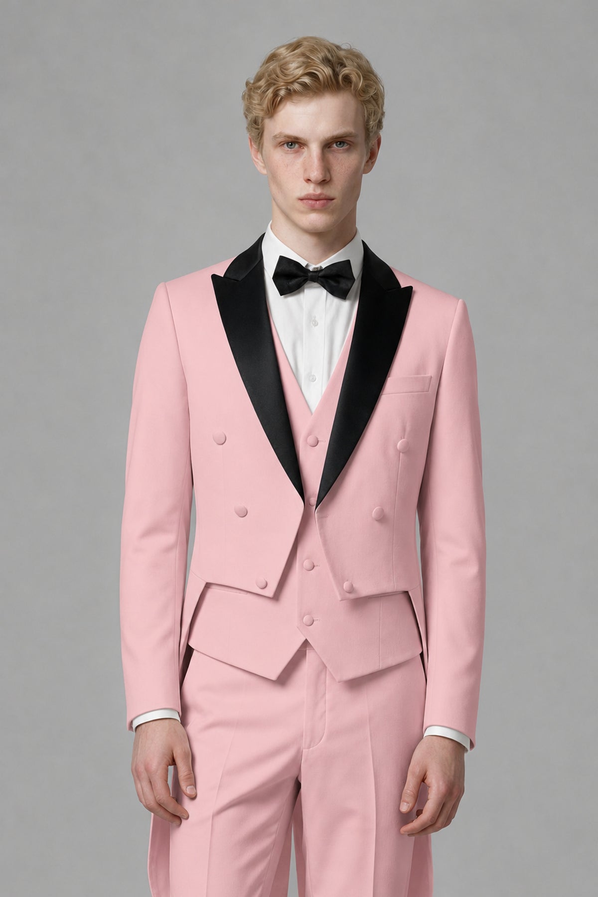 Bolodoo Men's Pink 3-Piece Tailcoat Tuxedo Suit with Vest & Trousers - Pink - Pink_1