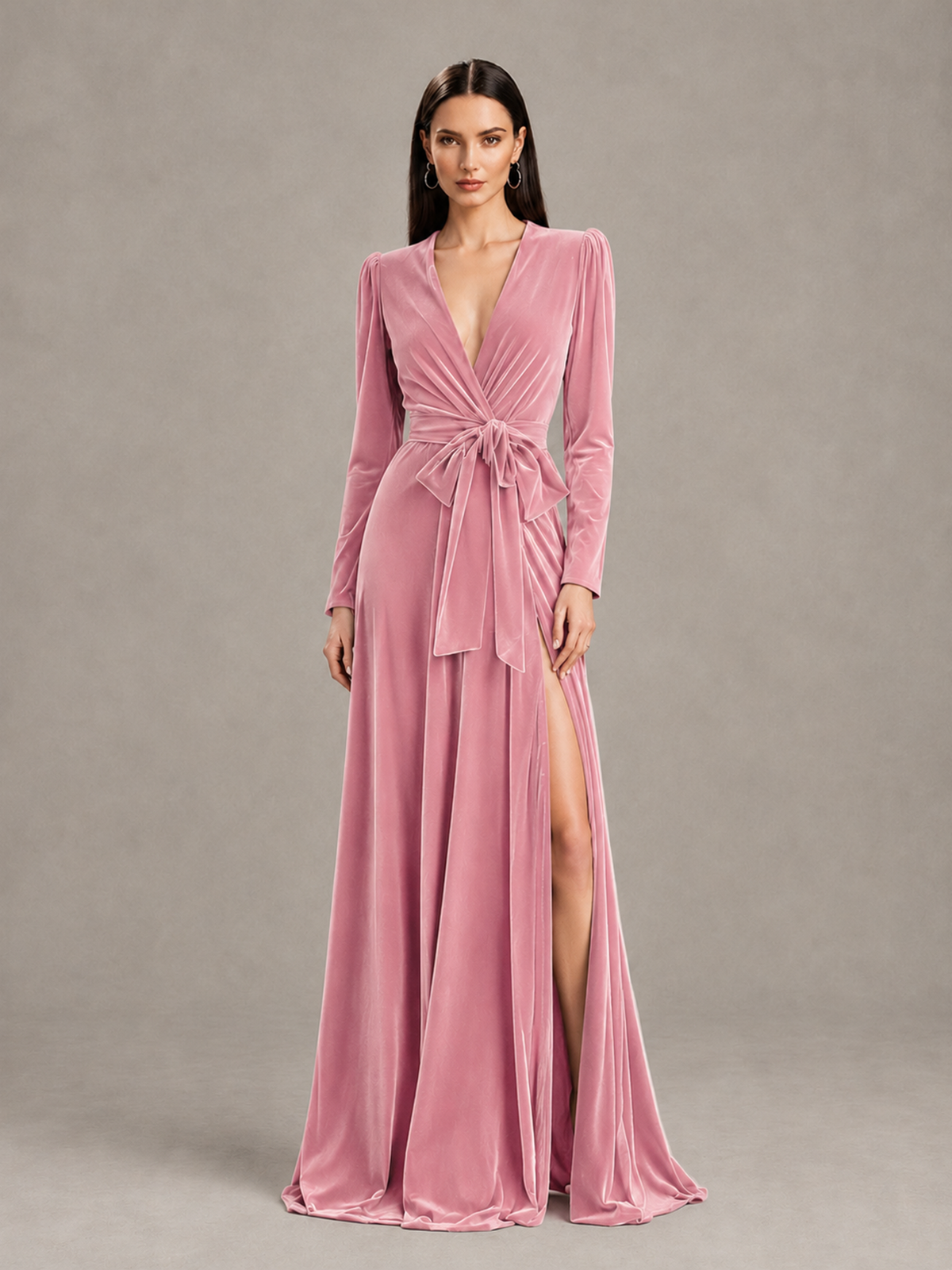 BOLODOO Pink Long Sleeve Velvet-Look Evening Dress with High Slit - Pink - Pink_1