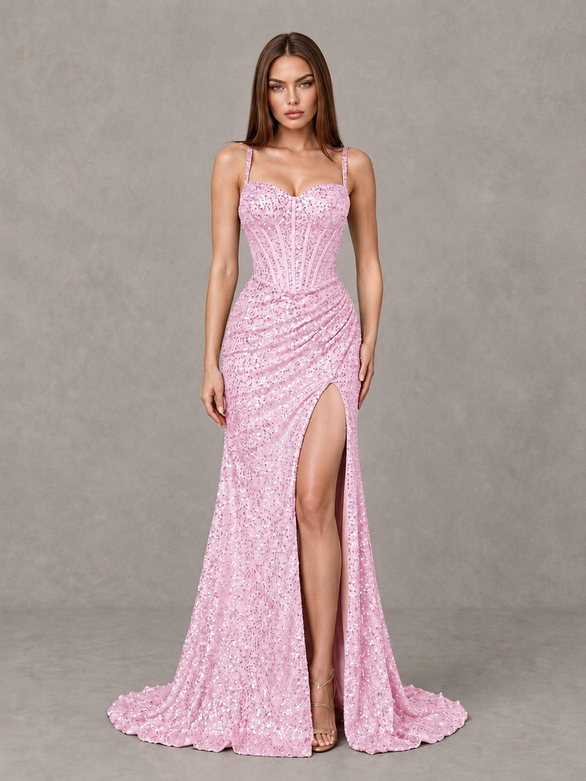 BOLODOO Pink Sequin Corset Evening Gown with High Slit - Pink - Pink_1