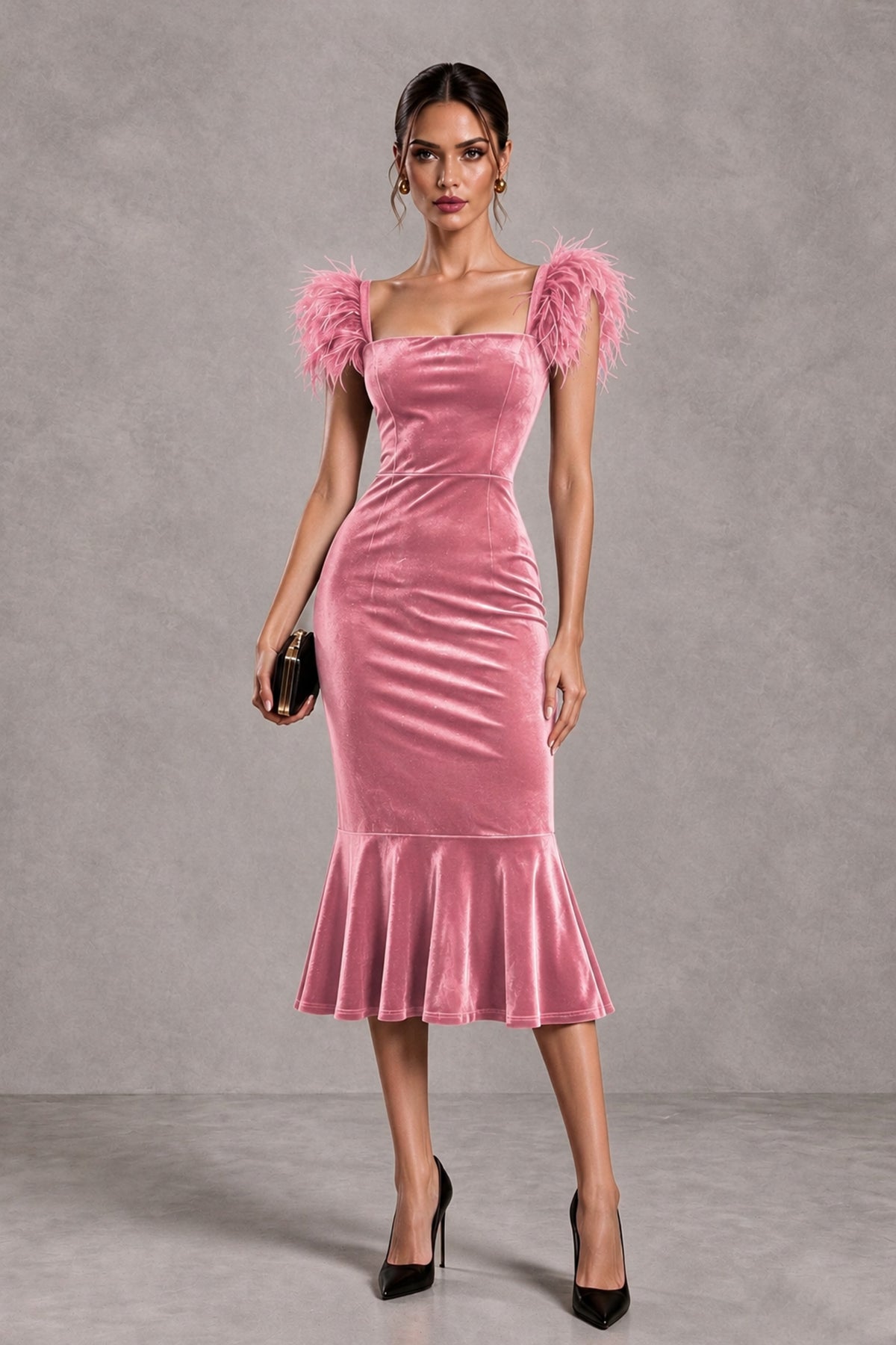 BOLODOO Pink Feather-Trim Velvet-Look Mermaid Midi Dress - Pink - Pink_1