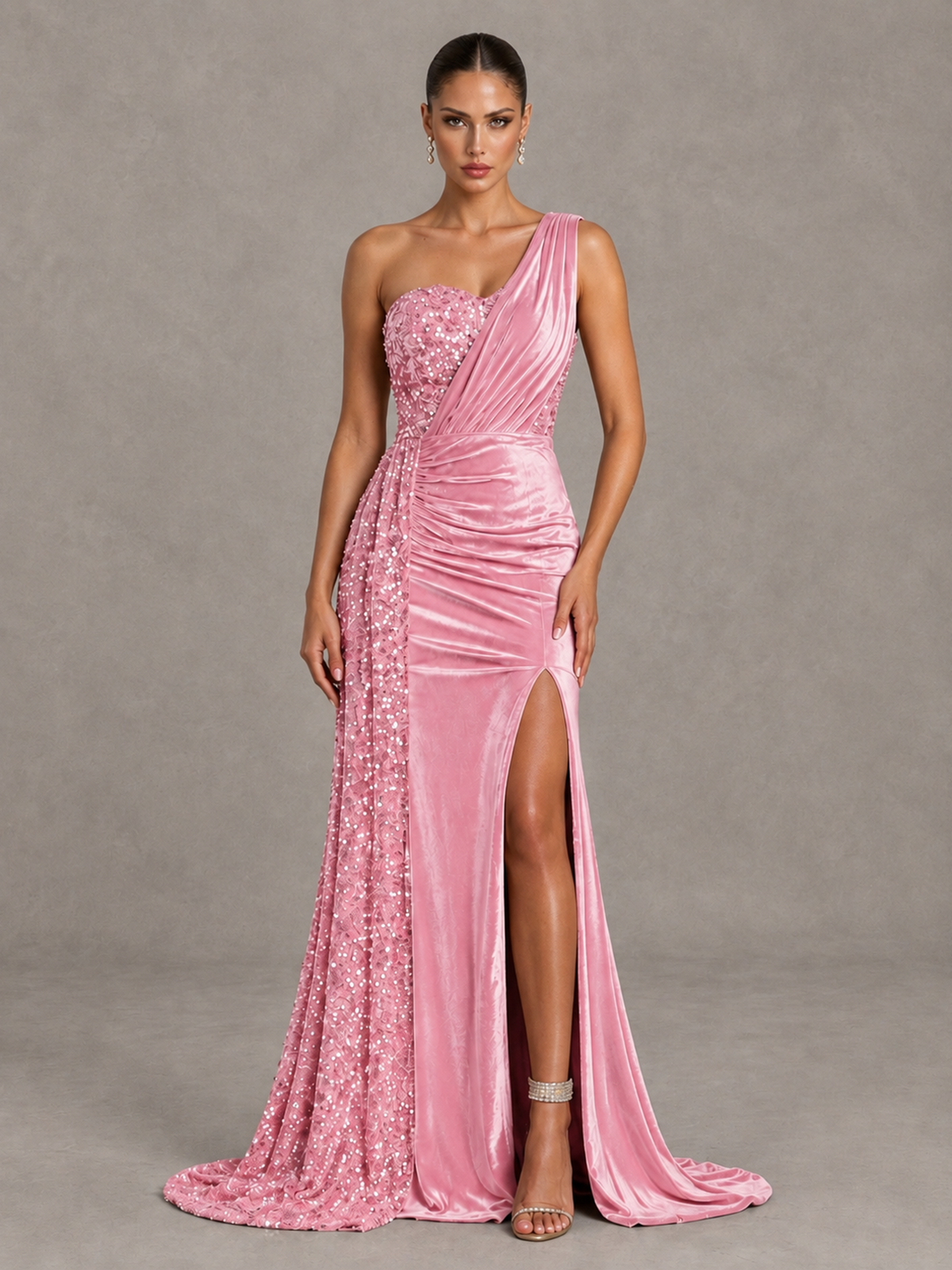 BOLODOO Pink One-Shoulder Satin Sequin Gown with High Slit - Pink - Pink_1