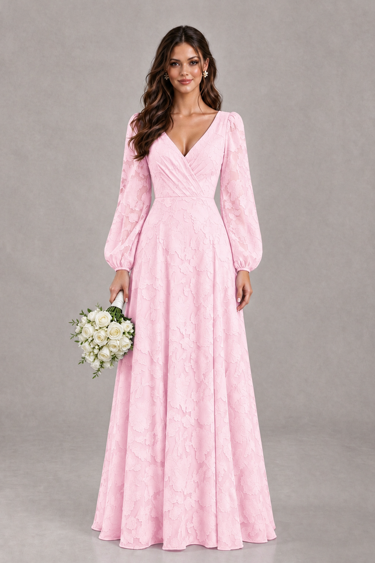 BOLODOO Pink Long Sleeve V-Neck A-Line Mother of the Bride Dress - Pink - Pink_1
