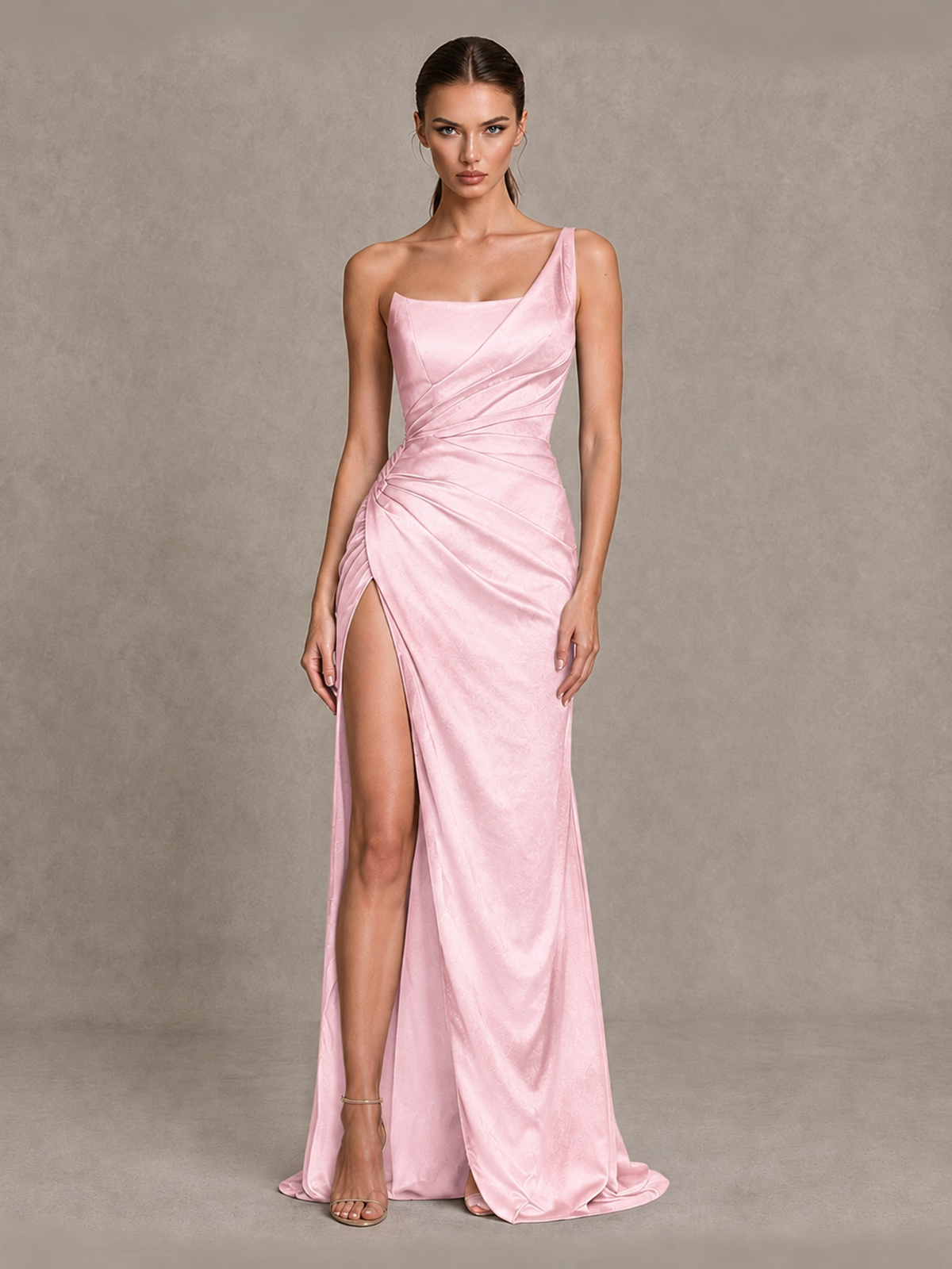 BOLODOO Pink One Shoulder Satin Evening Gown with High Slit and Sweep Train - Pink - Pink_1