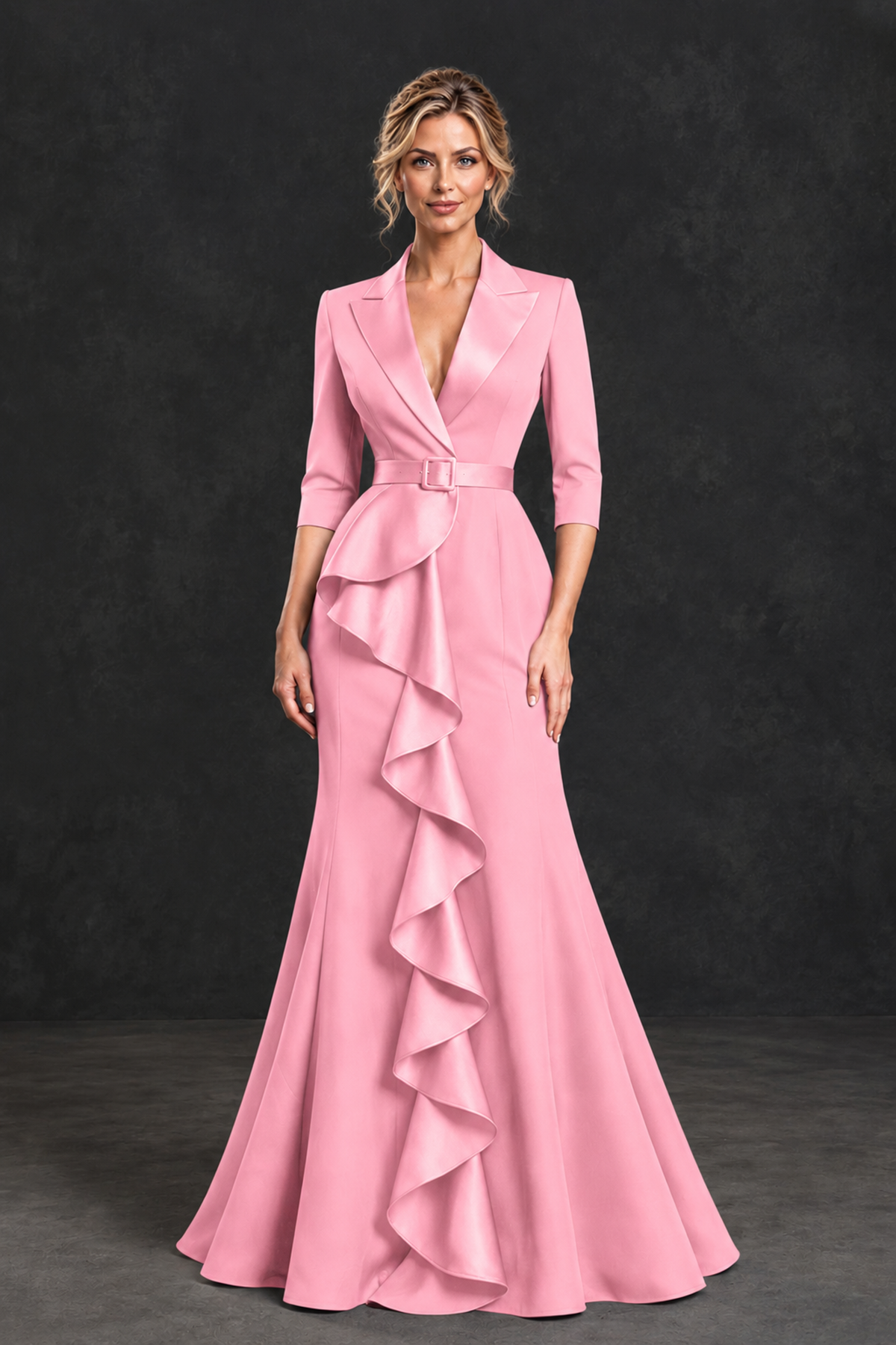 BOLODOO Pink Lapel Ruffle Mother of the Bride Dress with Belt - Pink - Pink_1