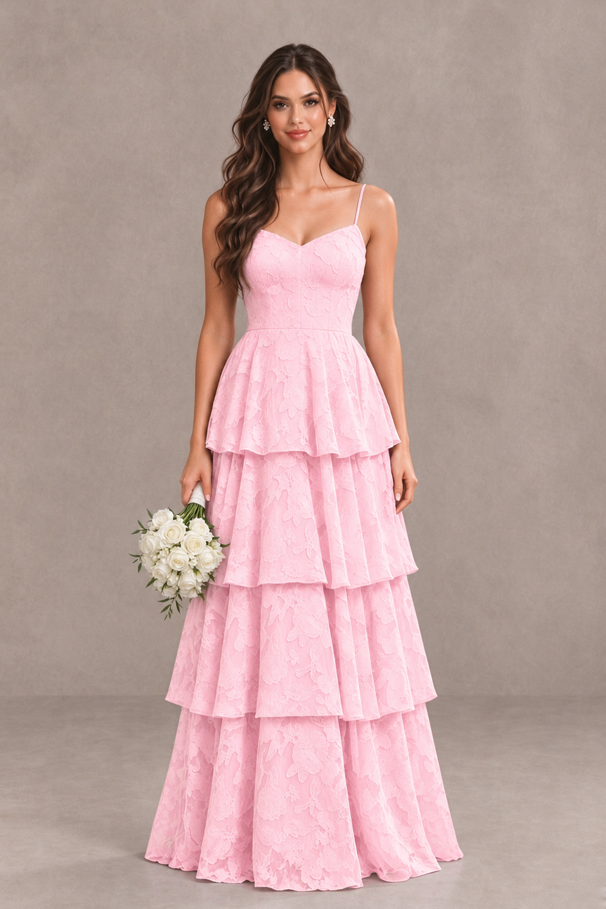 BOLODOO Pink Tiered Floral-Textured Spaghetti Strap Maxi Dress - Pink - Pink_1