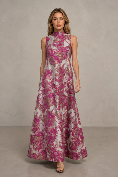 BOLODOO Pink Jacquard High Neck Sleeveless A-Line Maxi Dress – Wedding Guest & Formal Evening Gown - Pink