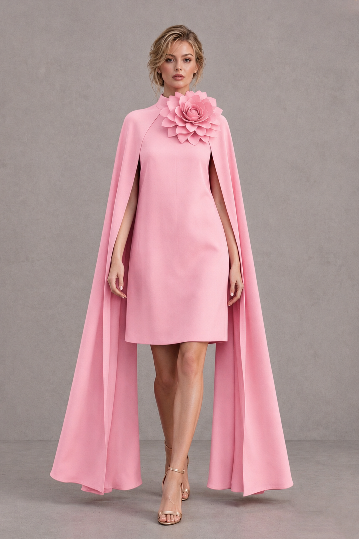 BOLODOO Pink High Neck Floral Cape Mini Cocktail Dress - Pink - Pink_1