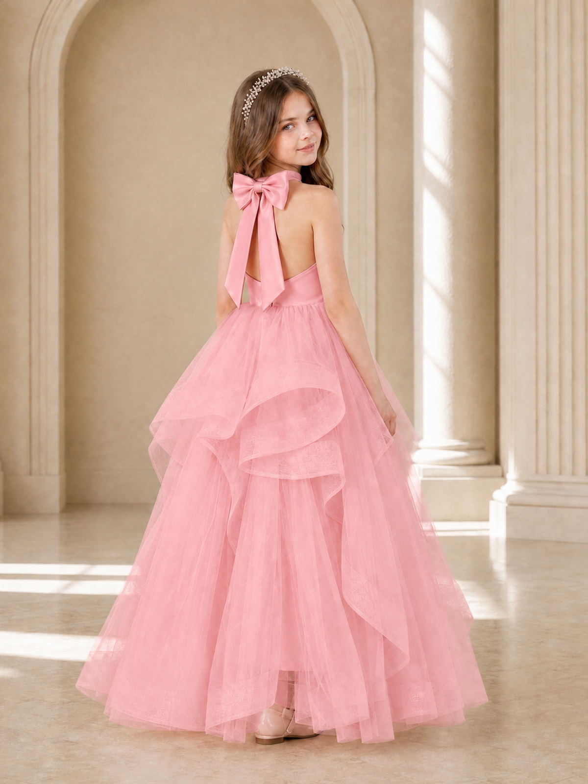 BOLODOO Pink Halter Tiered Tulle Flower Girl Dress with Bow Back - Pink - Pink_1