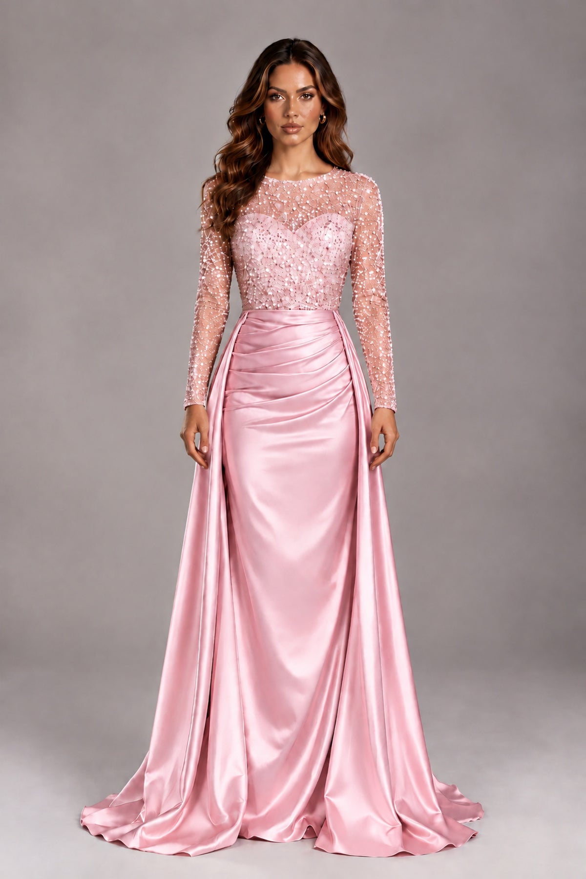 BOLODOO Pink Long Sleeve Embellished Satin Evening Gown with Sweep Train - Pink - Pink_1