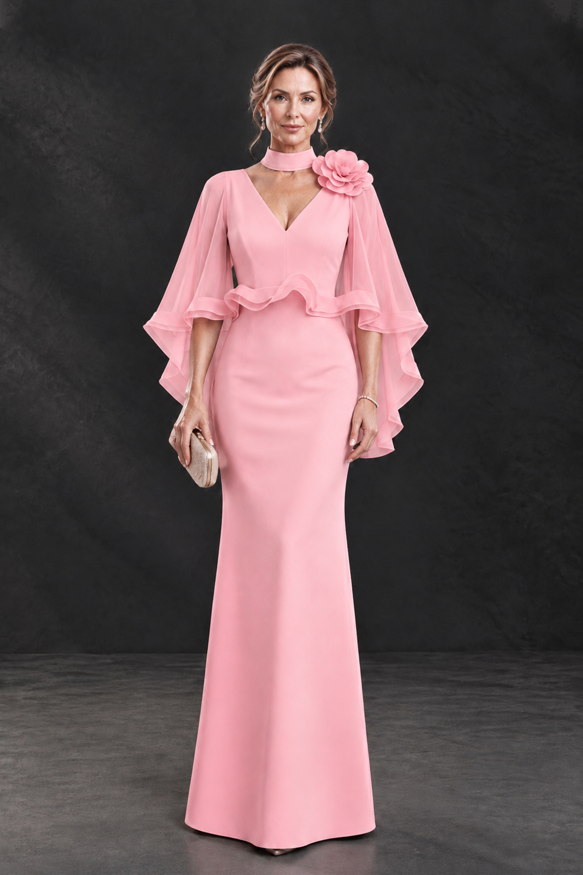 BOLODOO Pink Floral Cape Sleeve Mother of the Bride Dress - Pink - Pink_1