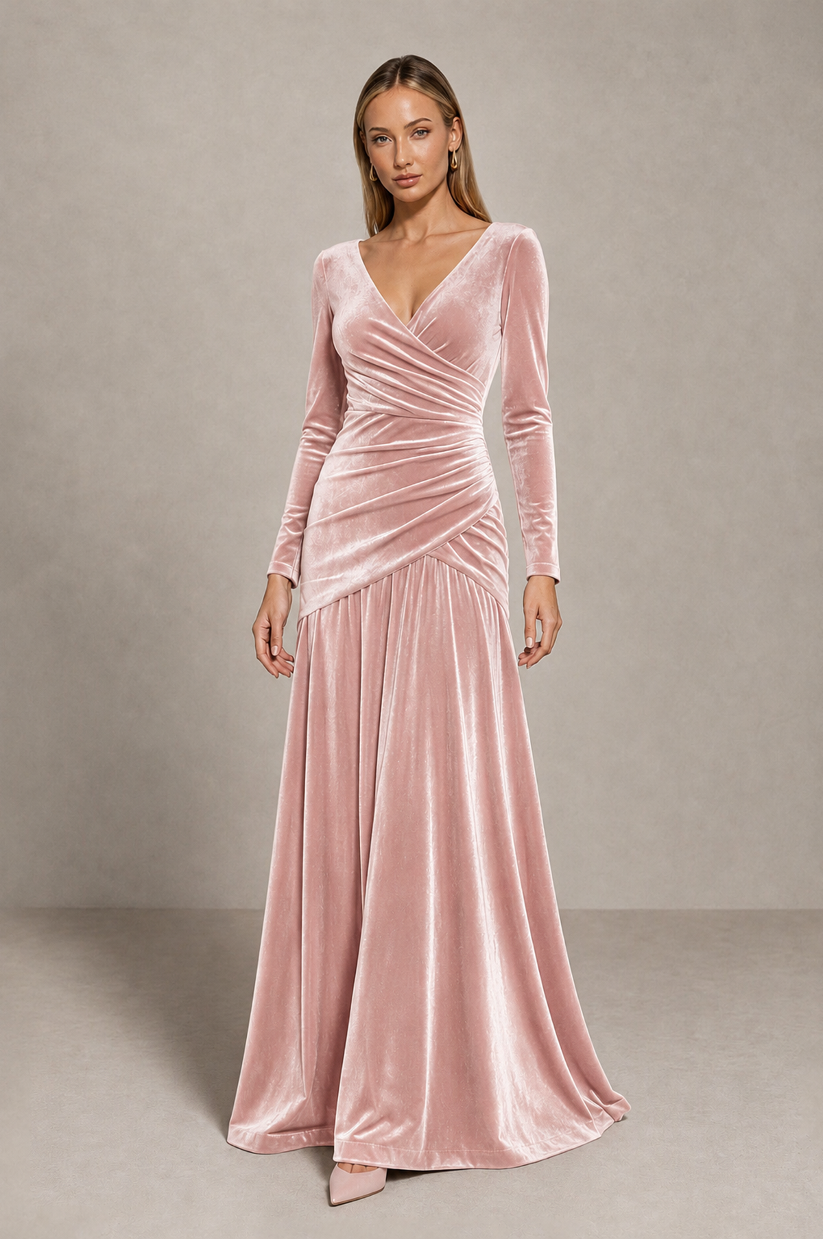 Pink Velvet Long Sleeve Evening Dress | BOLODOO