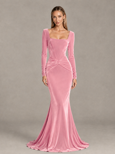 BOLODOO Pink Velvet-Look Square Neck Long Sleeve Mermaid Evening Dress - Pink - Pink_1