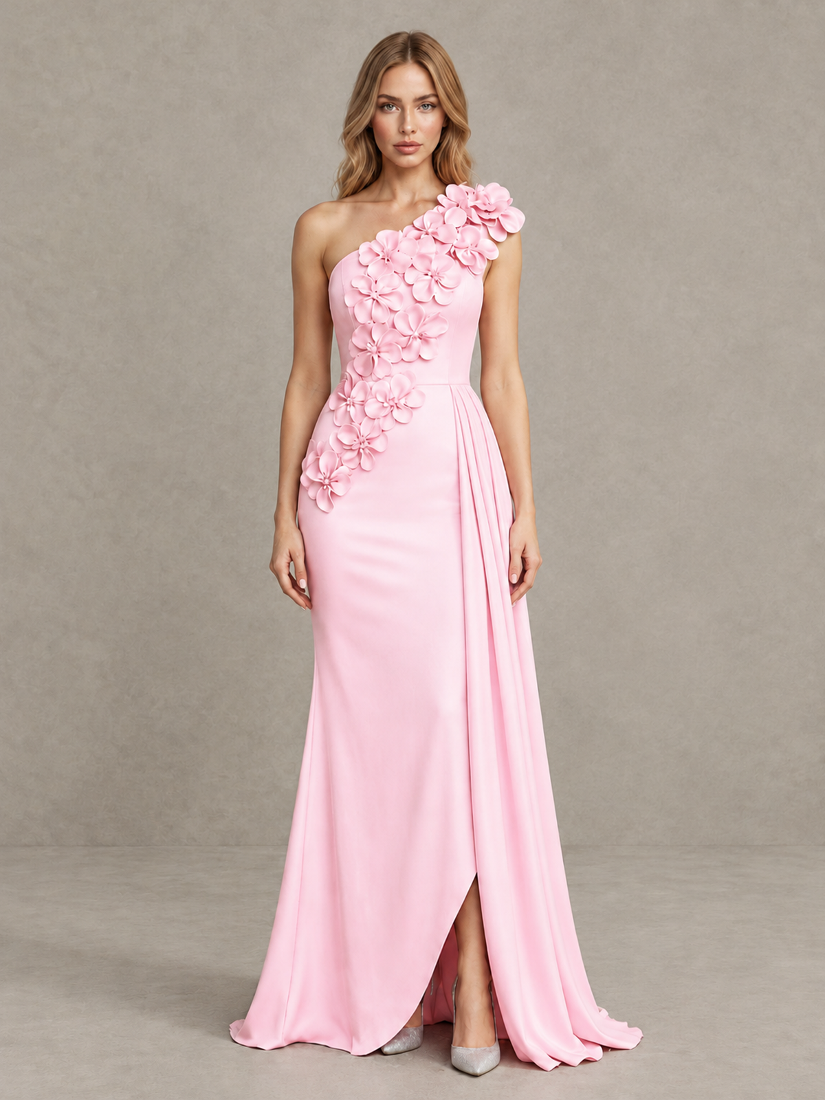 BOLODOO Pink One-Shoulder Satin Mermaid Evening Gown with 3D Floral Appliqué - Pink - Pink_1