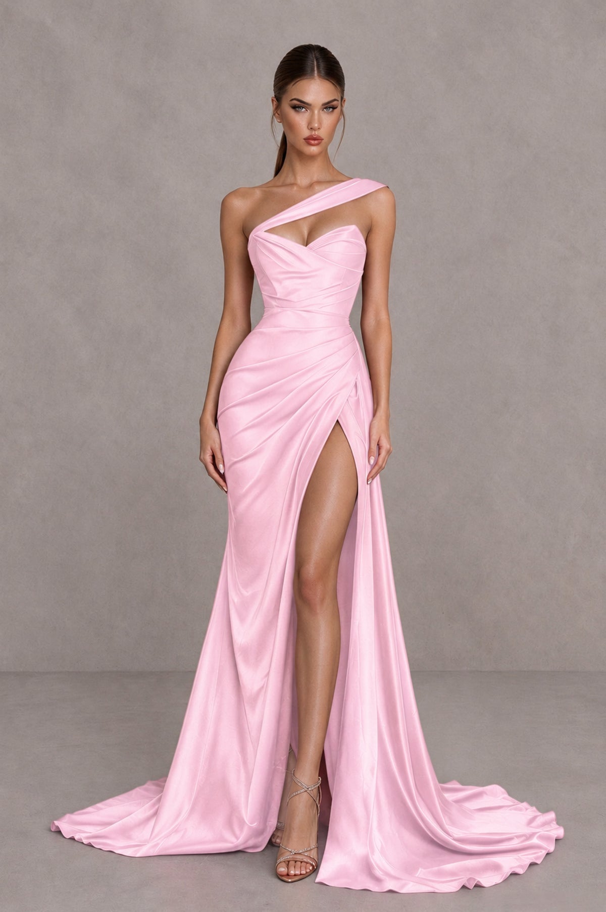 BOLODOO Pink One Shoulder Satin Mermaid Evening Dress with Ruched Slit Skirt - Pink - Pink_1