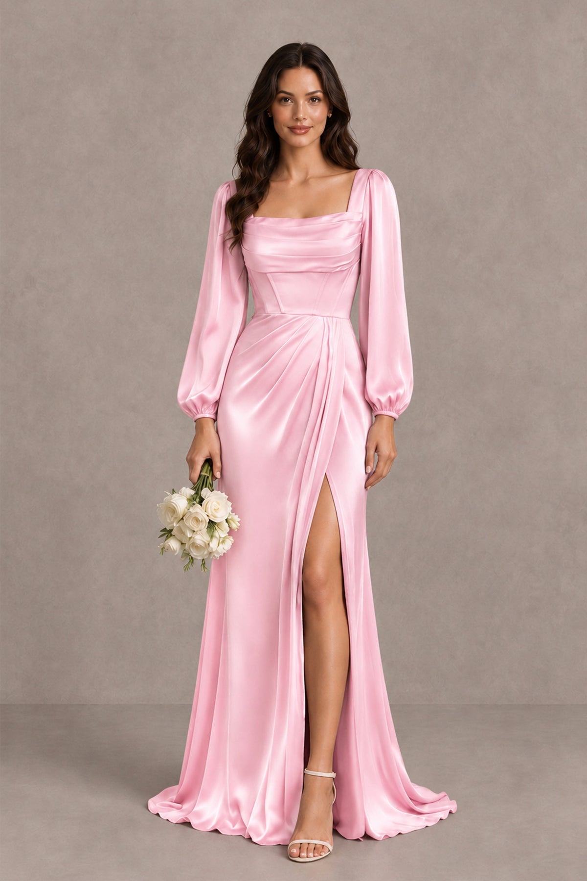 BOLODOO Pink Satin-Look Long Sleeve Evening Dress with High Slit - Pink - Pink_1