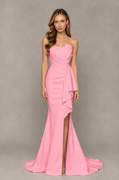 BOLODOO Pink Strapless Mermaid Evening Dress with Ruffle Slit and Train - Pink - Pink_1