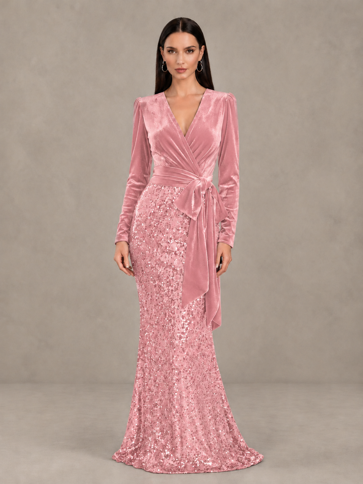 BOLODOO Pink Velvet & Sequin Long Sleeve V-Neck Mermaid Evening Gown - Pink - Pink_1