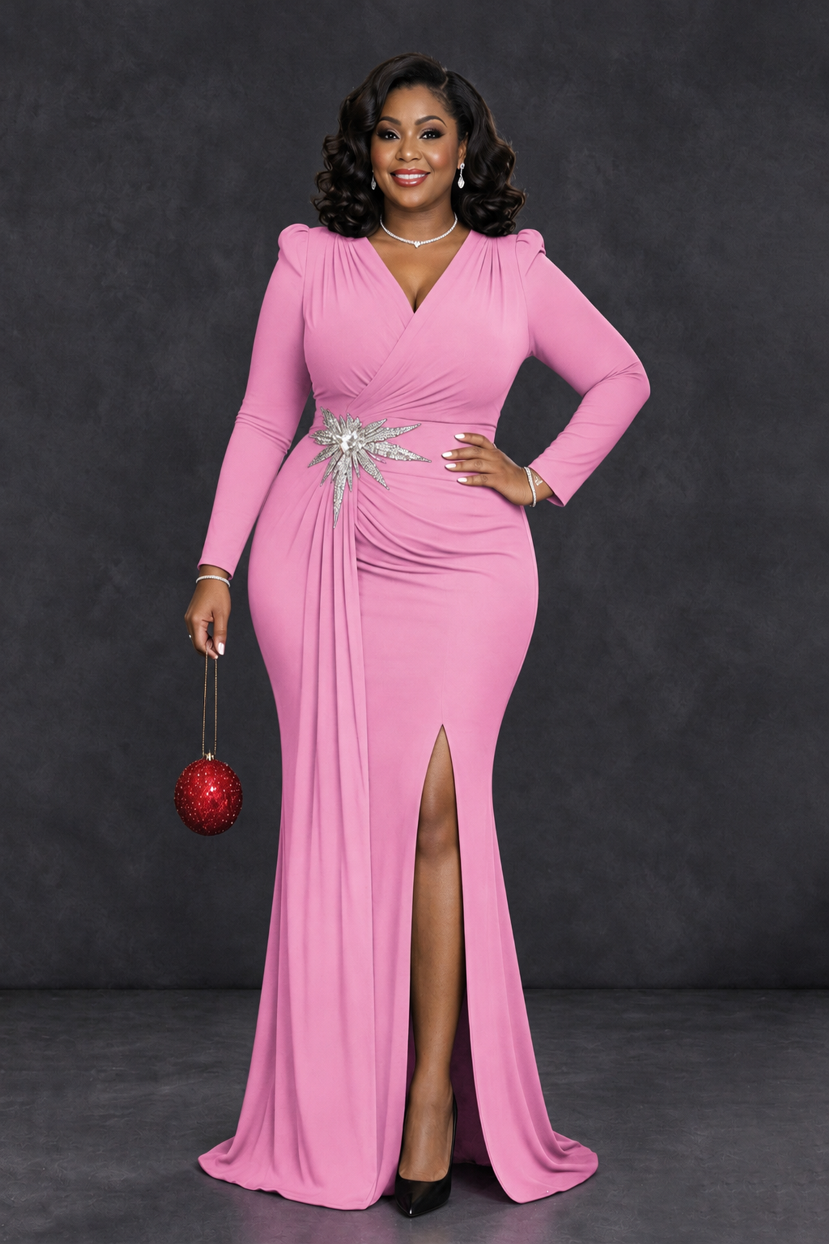 BOLODOO Pink Plus Size Long Sleeve V-Neck Mother of the Bride Dress with Slit - Pink - Pink_1