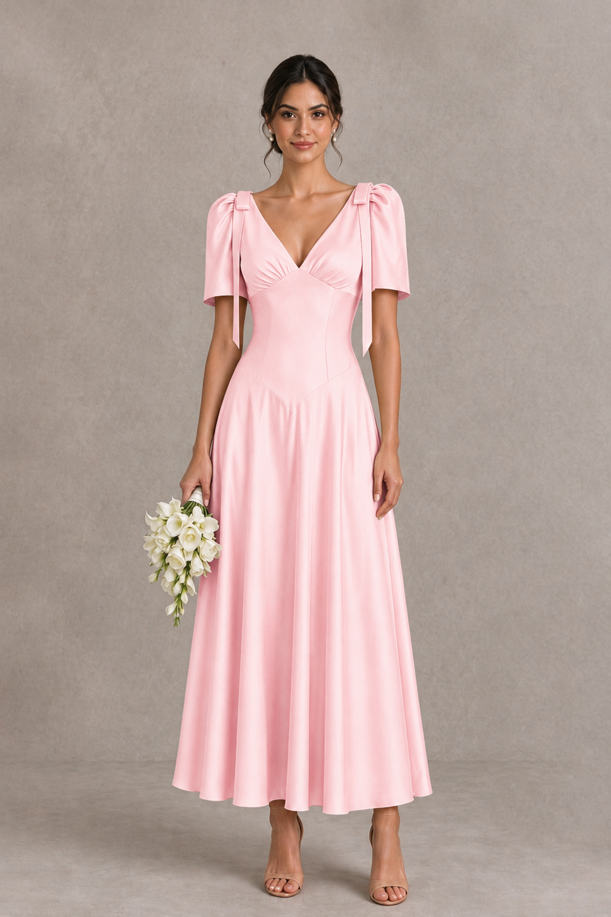 BOLODOO Pink V-Neck Short Sleeve Satin-Look Bridesmaid Dress with Shoulder Bows - Pink - Pink_1