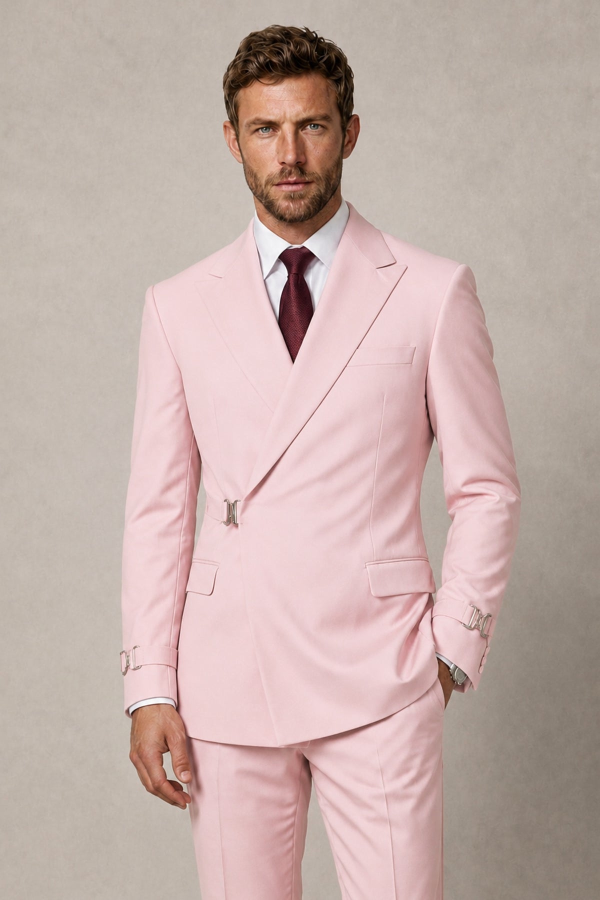 BOLODOO Men's Pink Double-Breasted 2-Piece Suit Set – Blazer & Tailored Trousers - Pink