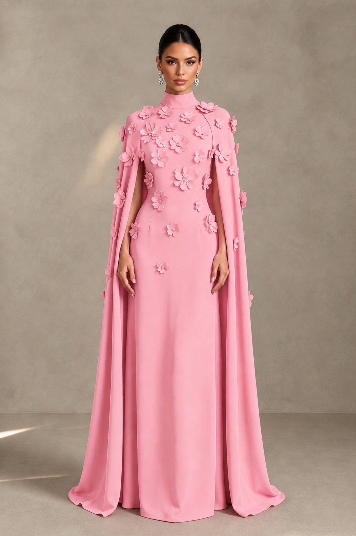 BOLODOO Pink 3D Floral Applique Cape Formal Dress - Pink - Pink_1
