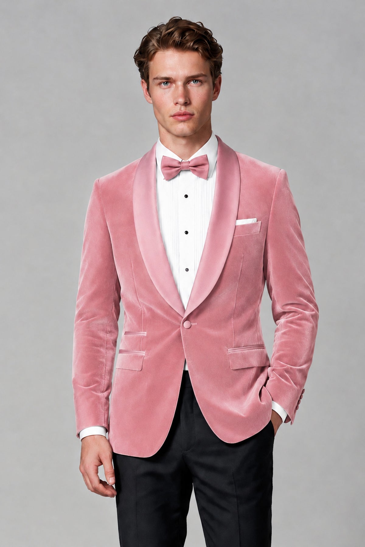 BOLODOO Men's Pink Velvet Blazer | Shawl Lapel Tuxedo Jacket - Pink - Pink_1