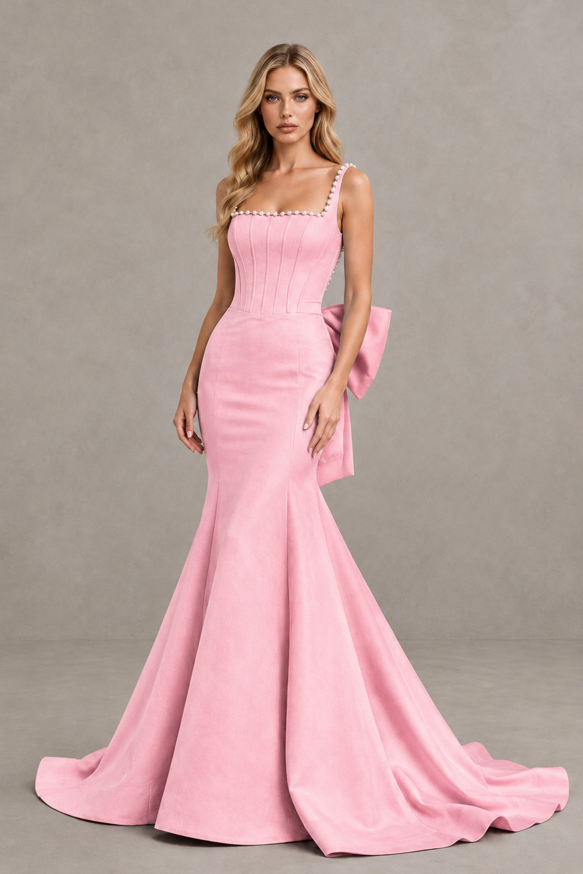 BOLODOO Pink Pearl-Trim Mermaid Prom Dress with Back Bow - Pink - Pink_1