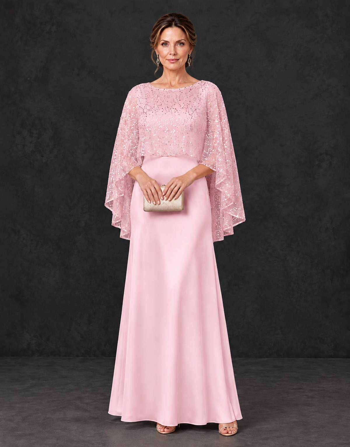 BOLODOO Pink Sparkle Cape Sleeve Mother of the Bride Dress - Pink - Pink_1
